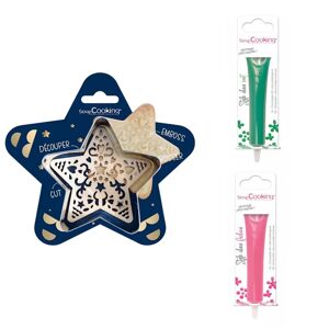 Kit pour biscuit en relief Étoile + 2 Stylos au chocolat vert et fuchsia Scrapcooking