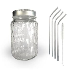 Bocal Mason Jar avec couvercle 37,5 cl diamant + 4 pailles en inox Youdoit