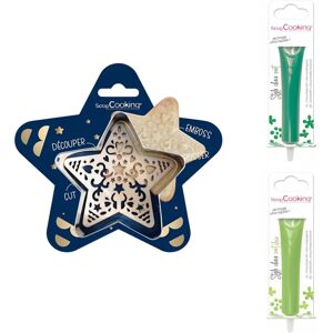 Kit pour biscuit en relief Étoile + 2 Stylos au chocolat vert et vert clair Scrapcooking