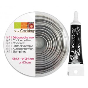 11 emporte-pieces ronds en inox + Stylo de glacage noir Scrapcooking