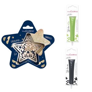 Kit pour biscuit en relief Étoile + 2 Stylos au chocolat vert clair et noir Scrapcooking