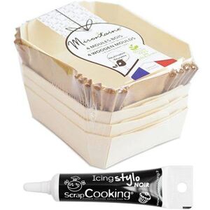 4 moules individuels en bois rectangle + 8 caissettes sulfurisees de cuisson + Stylo de glacage noir Scrapcooking