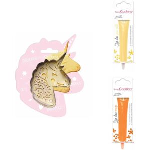 Kit pour biscuit en relief Licorne + 2 Stylos au chocolat jaune pastel et orange Scrapcooking