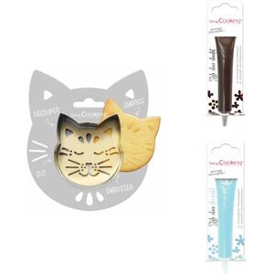 Kit pour biscuit en relief Chat + 2 Stylos au chocolat marron et bleu pastel Scrapcooking