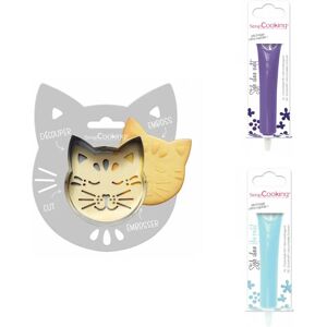 Kit pour biscuit en relief Chat + 2 Stylos au chocolat violet et bleu pastel Scrapcooking