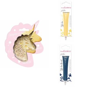 Kit pour biscuit en relief Licorne + 2 Stylos au chocolat jaune pastel et bleu nuit Scrapcooking