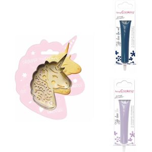 Kit pour biscuit en relief Licorne + 2 Stylos au chocolat bleu nuit et lilas Scrapcooking