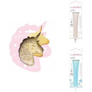 Kit pour biscuit en relief Licorne + 2 Stylos au chocolat blanc et bleu pastel Scrapcooking