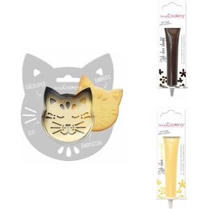 Kit pour biscuit en relief Chat + 2 Stylos au chocolat marron et jaune pastel Scrapcooking