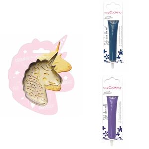 Kit pour biscuit en relief Licorne + 2 Stylos au chocolat bleu nuit et violet Scrapcooking