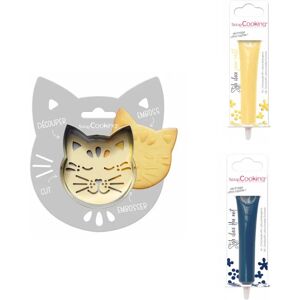 Kit pour biscuit en relief Chat + 2 Stylos au chocolat jaune pastel et bleu nuit Scrapcooking