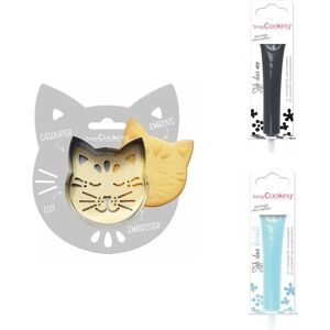 Kit pour biscuit en relief Chat + 2 Stylos au chocolat noir et bleu pastel Scrapcooking