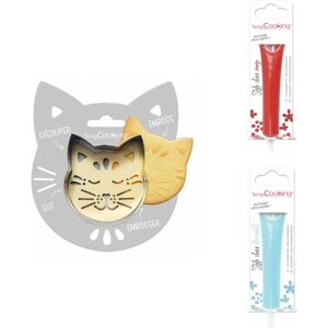 Kit pour biscuit en relief Chat + 2 Stylos au chocolat rouge et bleu pastel Scrapcooking