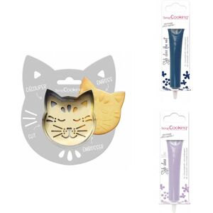 Kit pour biscuit en relief Chat + 2 Stylos au chocolat bleu nuit et lilas Scrapcooking