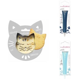 Kit pour biscuit en relief Chat + 2 Stylos au chocolat bleu nuit et bleu pastel Scrapcooking