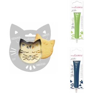 Kit pour biscuit en relief Chat + 2 Stylos au chocolat vert clair et bleu nuit Scrapcooking