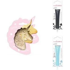 Kit pour biscuit en relief Licorne + 2 Stylos au chocolat noir et bleu pastel Scrapcooking