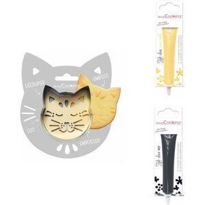 Kit pour biscuit en relief Chat + 2 Stylos au chocolat jaune pastel et noir Scrapcooking