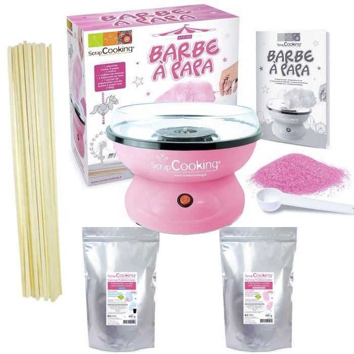 Coffret Barbe à papa - Machine + préparation rose 400 g et bleue 400 g + 100 bâtonnets Scrapcooking