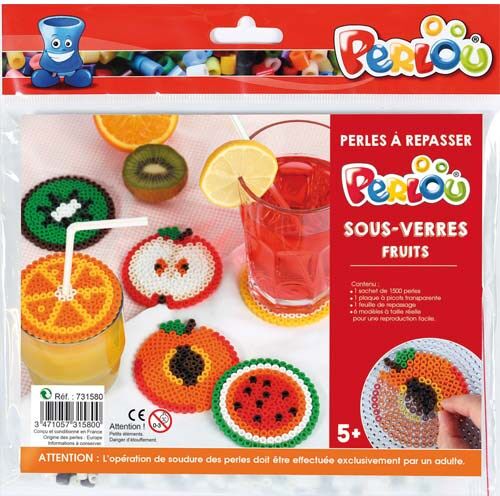 Kit d activité 1500 perles à repasser assorties, 1 plaque, 5 modèles dessous de verre Fruit - Lot de 3