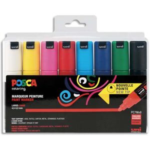 Posca Pochette 8 marqueurs peinture à eau, pointe large conique PC7M. Assortis