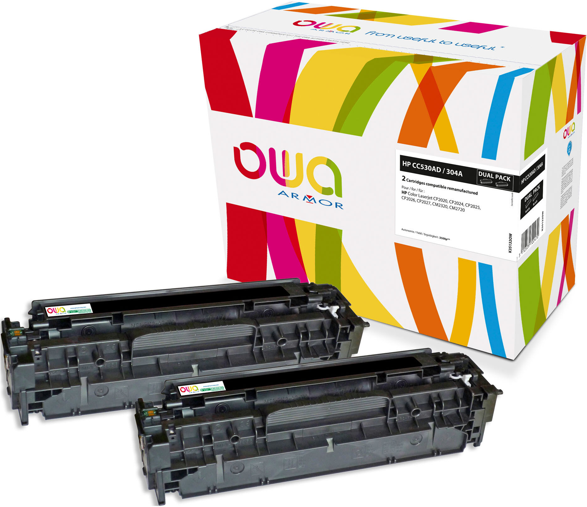 Pack 2 toners Owa compatibles HP 304A - CC530AD noirs pour imprimante laser Noir