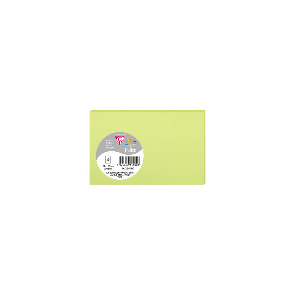 Clairefontaine Paquet de 5 cartes simples 82x128mm 210g/m2 - Vert bourgeon - Lot de 15