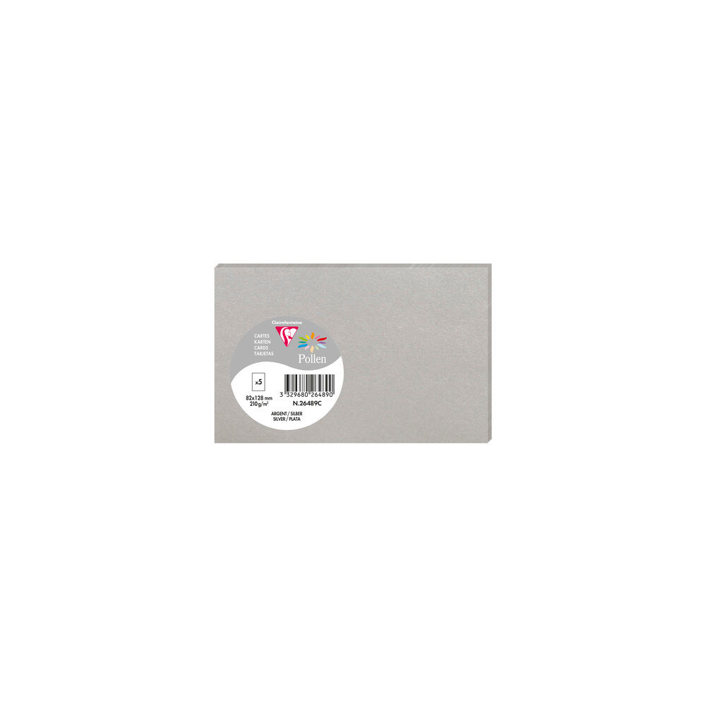 Clairefontaine Paquet de 5 cartes simples 82x128mm 210g/m2 - Argent - Lot de 15