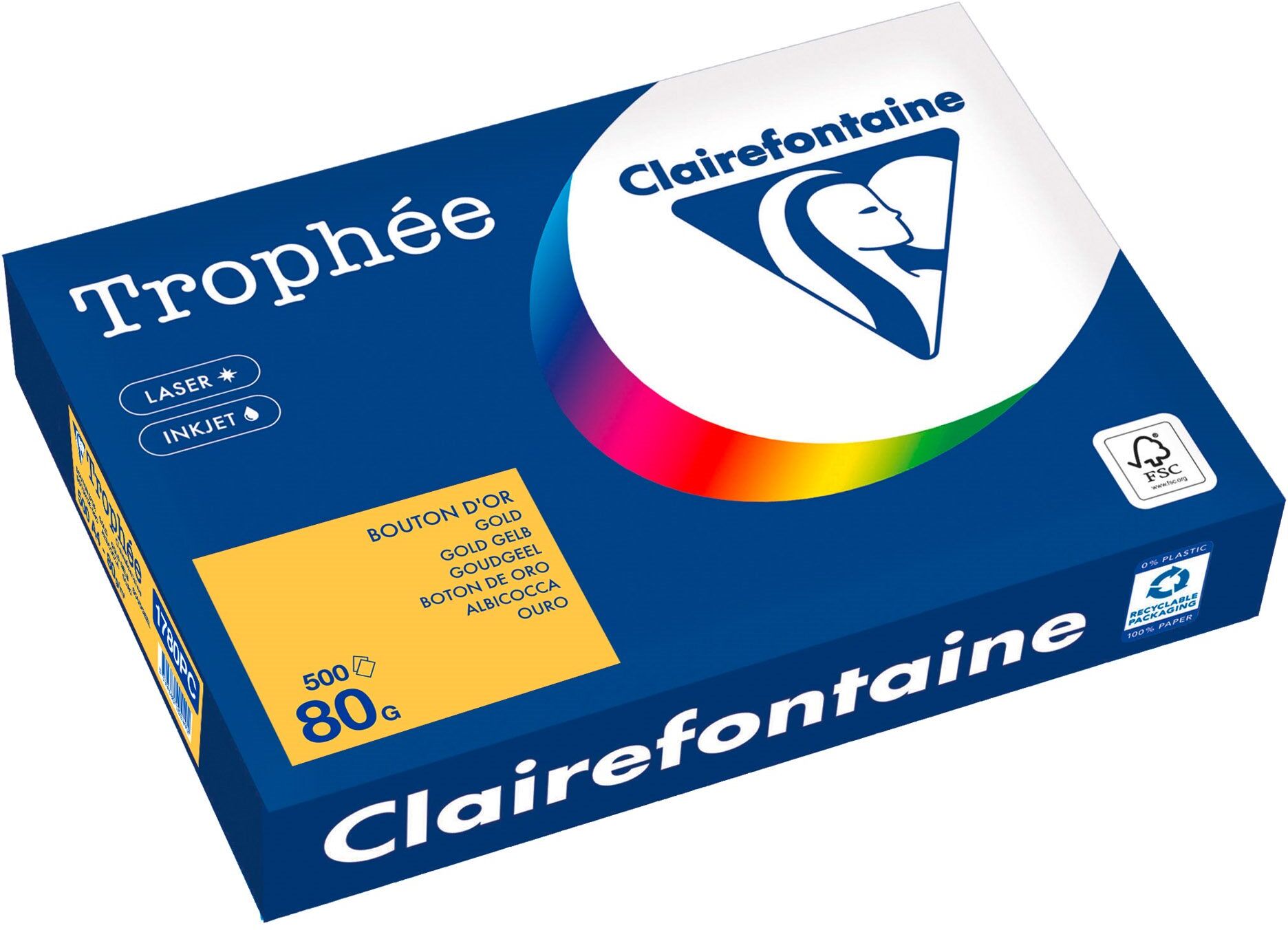 Ramette papier couleur Clairefontaine Trophée couleurs intenses A4 80 gr - 500 feuilles - bouton d'or