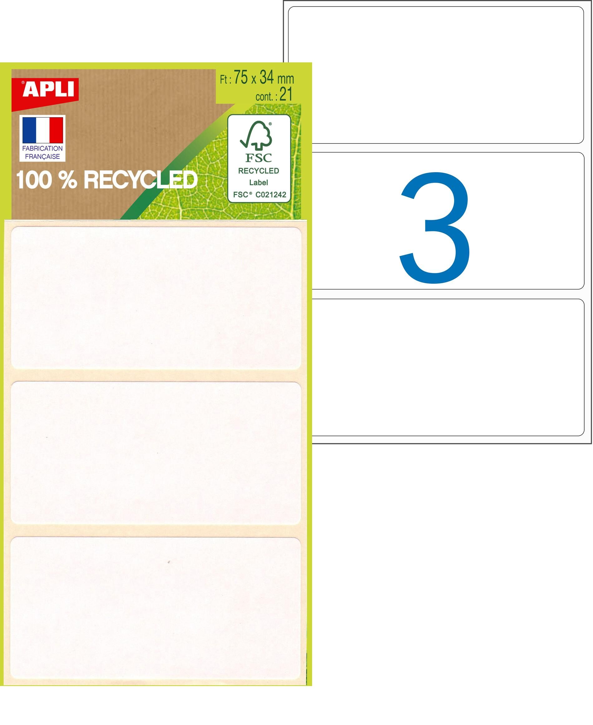Etiquettes blanches 75 x 34 mm recyclées Apli pour écriture manuelle - Pochette de 21 - Lot de 5