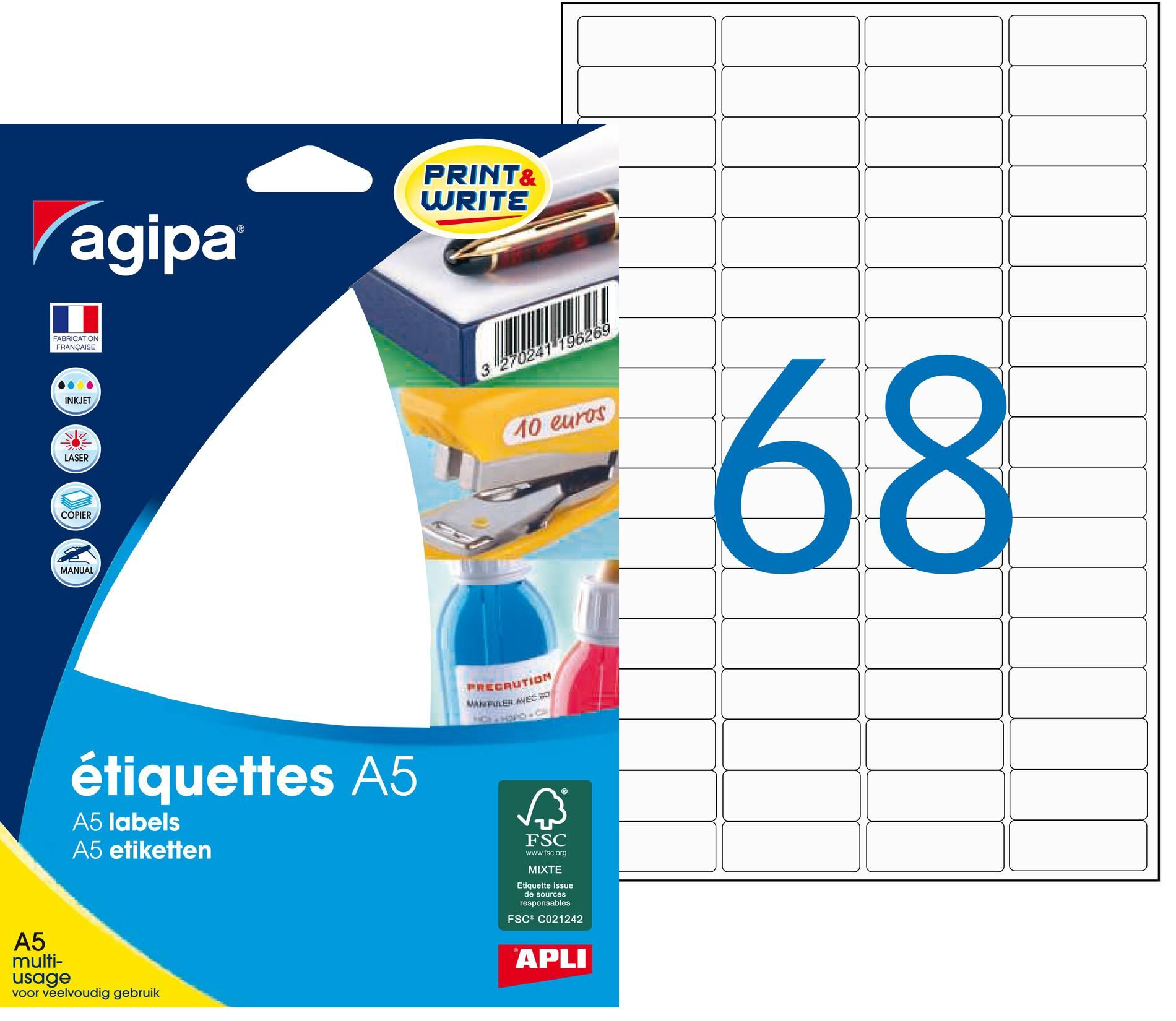Agipa Etiquette adresse multi-usages 11 x 30,5 mm Agipa blanche - Boîte de 1088