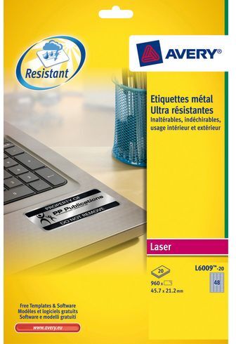 Etiquettes ultra résistantes 45,7 x 21,2 mm Avery L6009-20 - gris métal - Pochette de 960 Noir