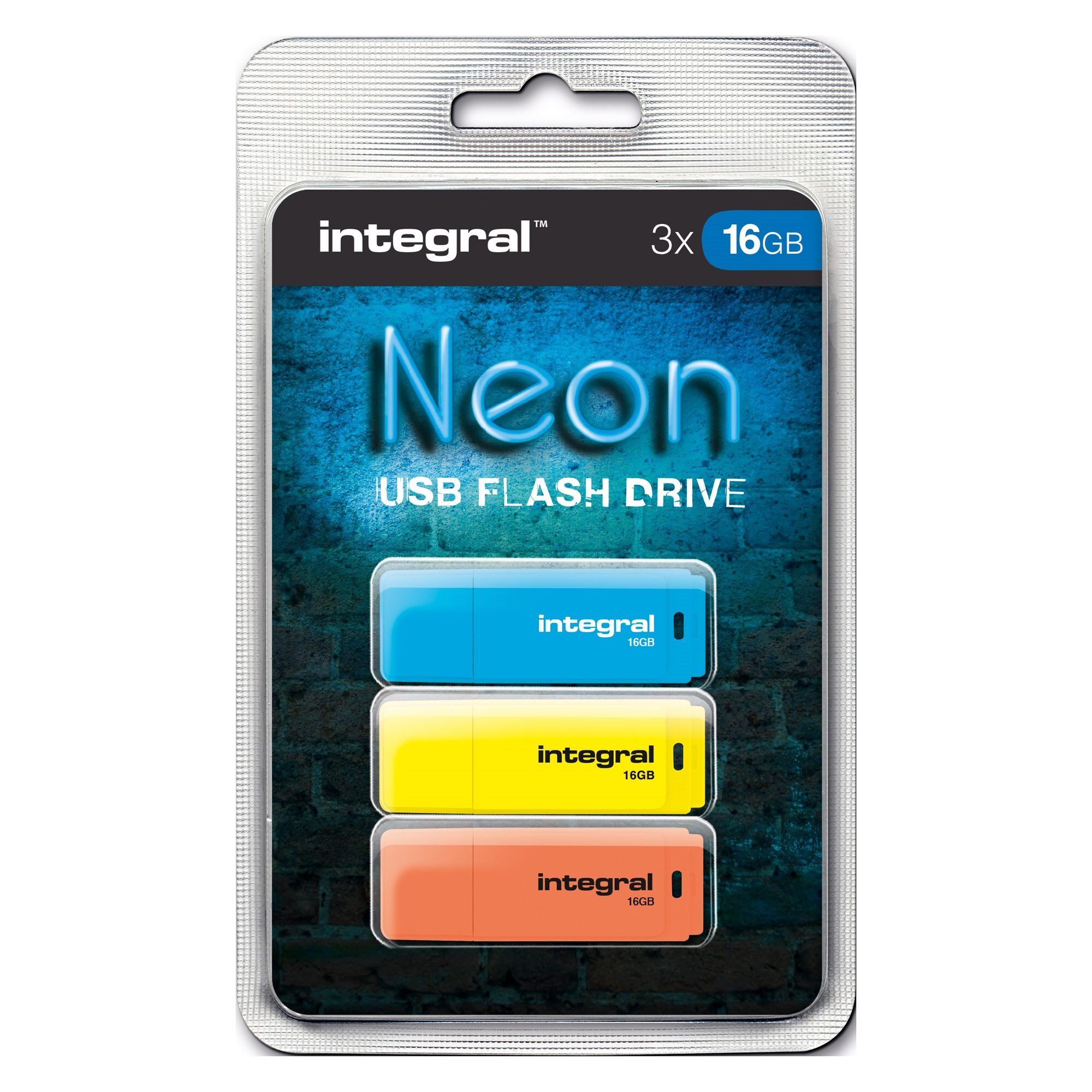 Integral Pack de 3 clés USB 2.0 Intégral INFD16GBNEONBLYLOR bleue / jaune / orange 16 Go