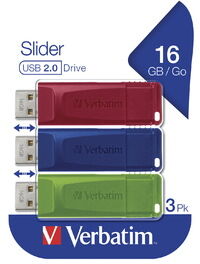 Verbatim Pack de 3 clés USB 2.0 16Go Rouge/Bleue/Verte rétractable 49326 Blanc