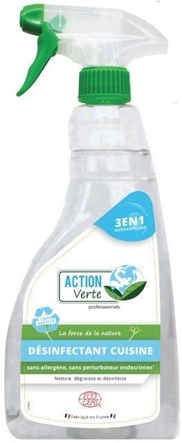 Action verte Spray 750 ml désinfectant cuisine 3en1, nettoie, dégraisse désinfecte, sans parfum Ecocert - Lot de 2