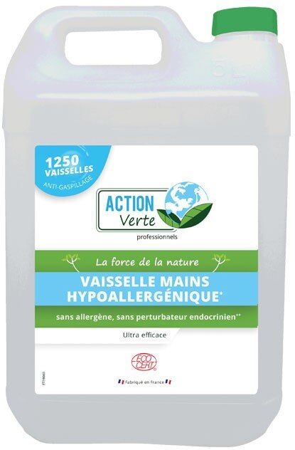 Action verte Bidon de 5 litres de liquide vaisselle Ecocert 0% parfum. Formule professionnelle