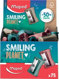 Maped Taille-Crayons Vivo 1 trou Smiling Planet composé à 50% de fibres de bois FSC, livré en présentoir - Lot de 75