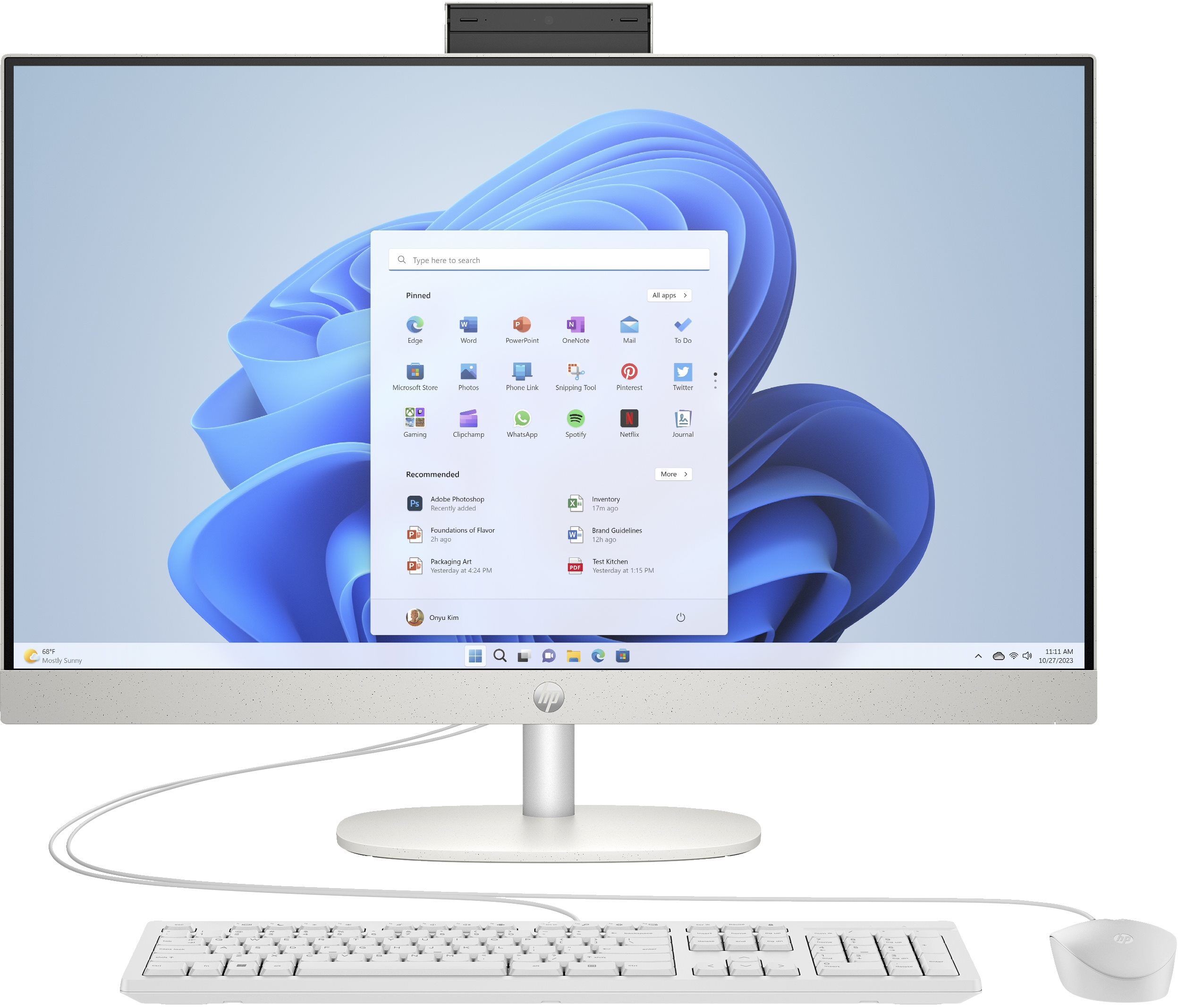 HP 27-cr0034nf AMD Ryzen 5 7520U 68,6 cm (27") 1920 x 1080 pixels PC All-in-One 8 Go LPDDR5-SDRAM 512 Go SSD Windows 11 Home Wi-Fi 6 (802.11ax) Blanc Jaune