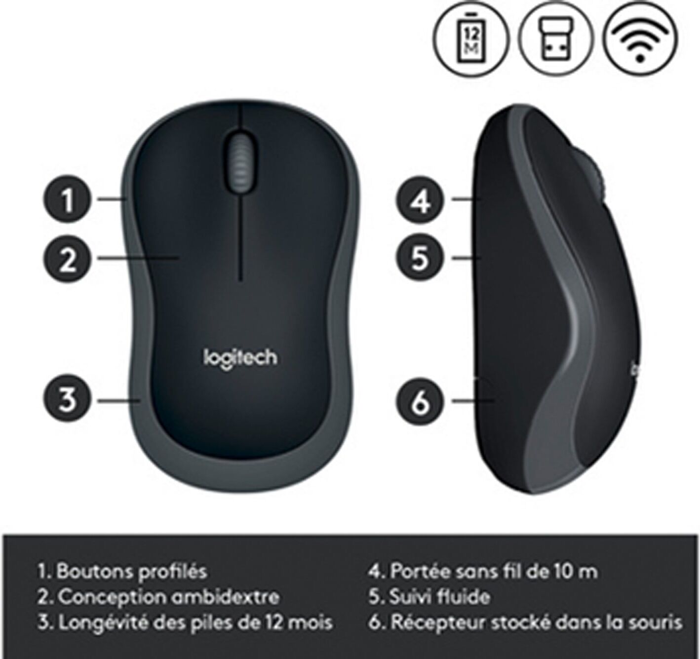 Souris sans fil Logitech M185 grise Noir