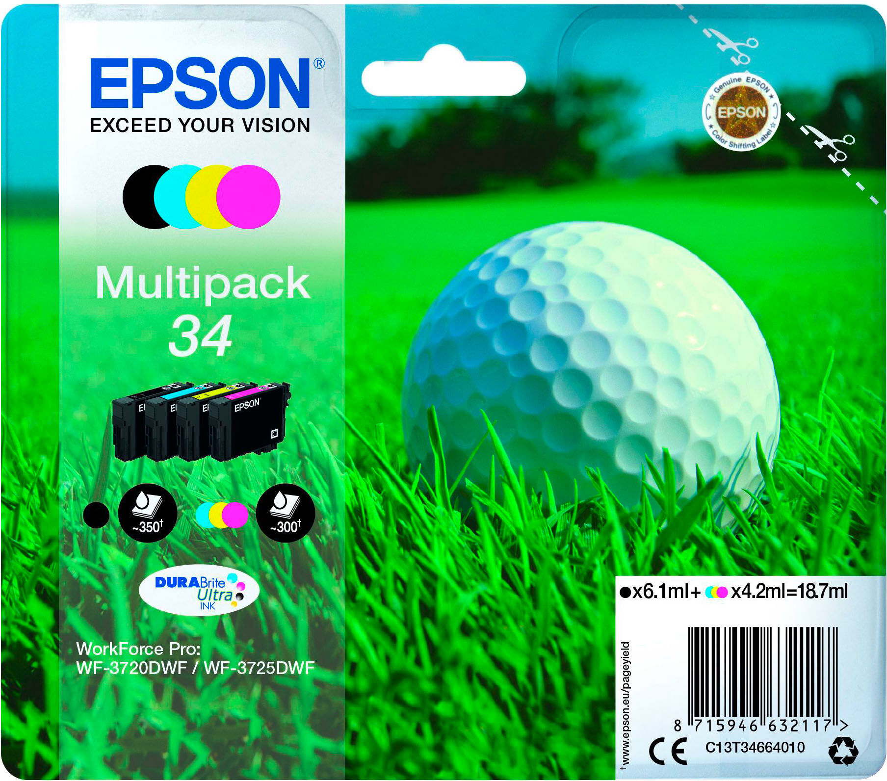 Epson 34 Pack de 4 cartouches 1 noir et 3 couleurs pour imprimante jet d'encre