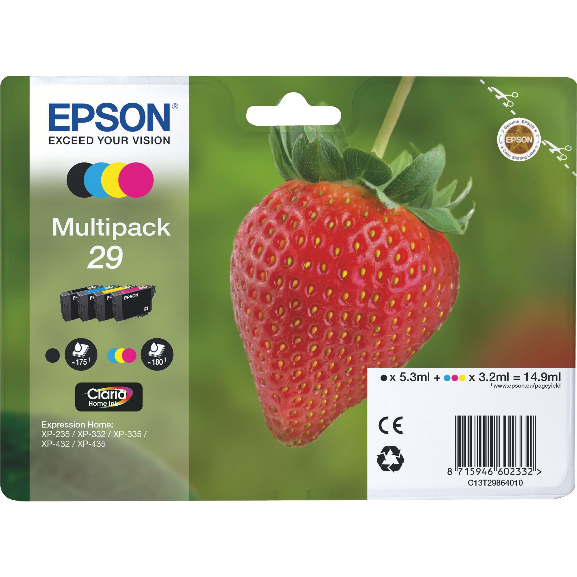 Epson 29 Pack 4 cartouches noire + couleurs pour imprimante jet d'encre