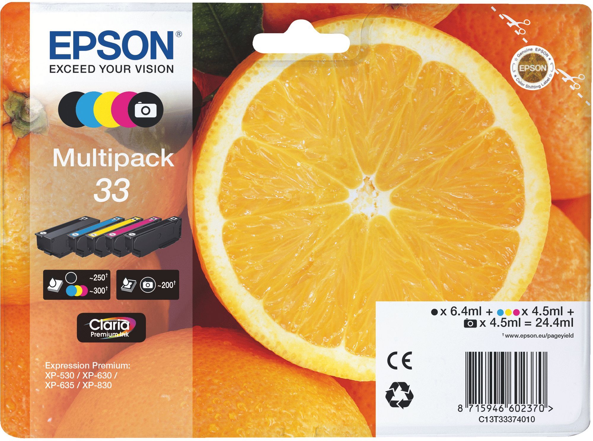 Epson 33 Pack cartouche noire + noire photo + 3 couleurs pour imprimante jet d'encre