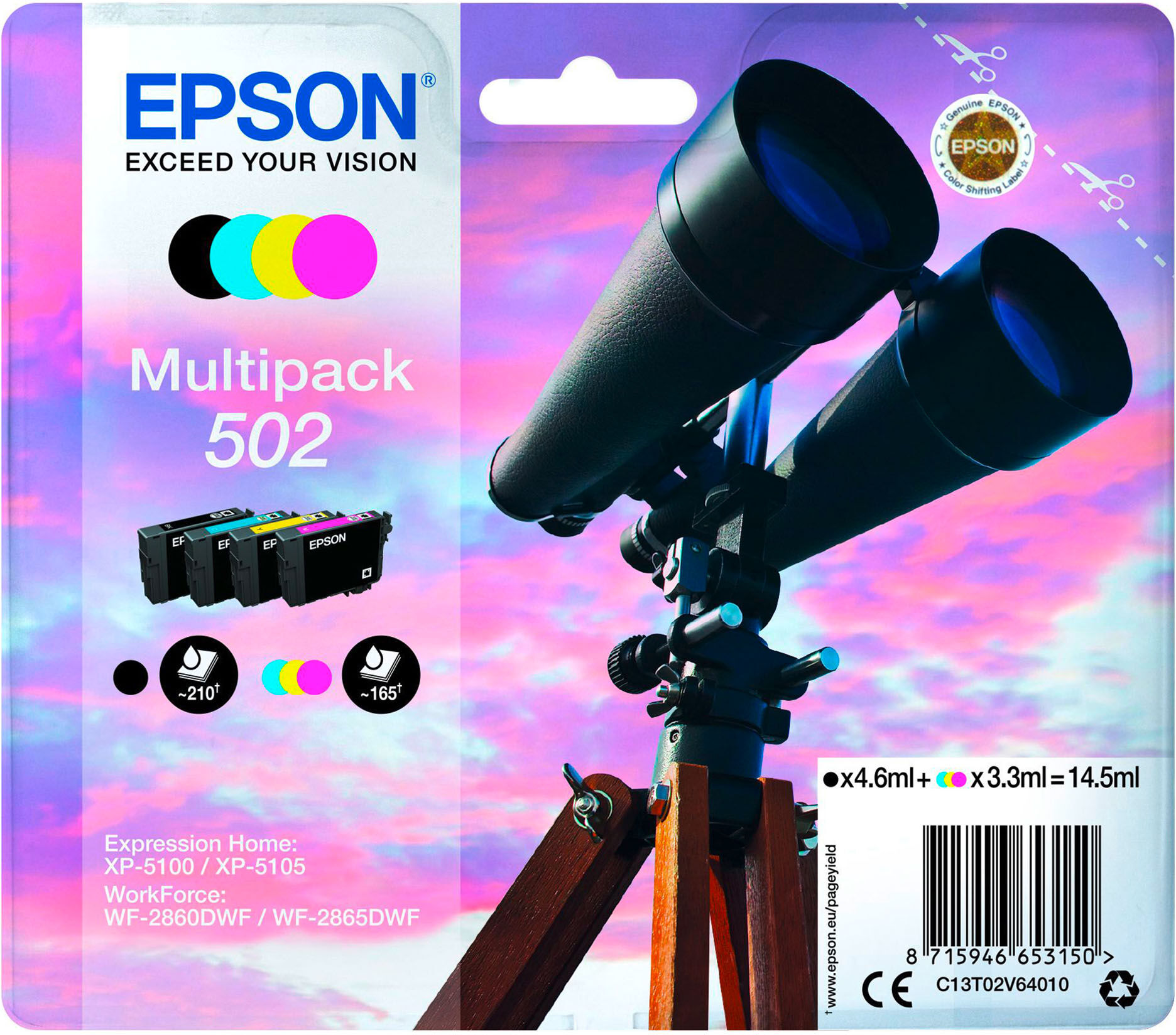 Epson 502 Pack de 4 cartouches 1 noir et 3 couleurs pour imprimante jet d'encre