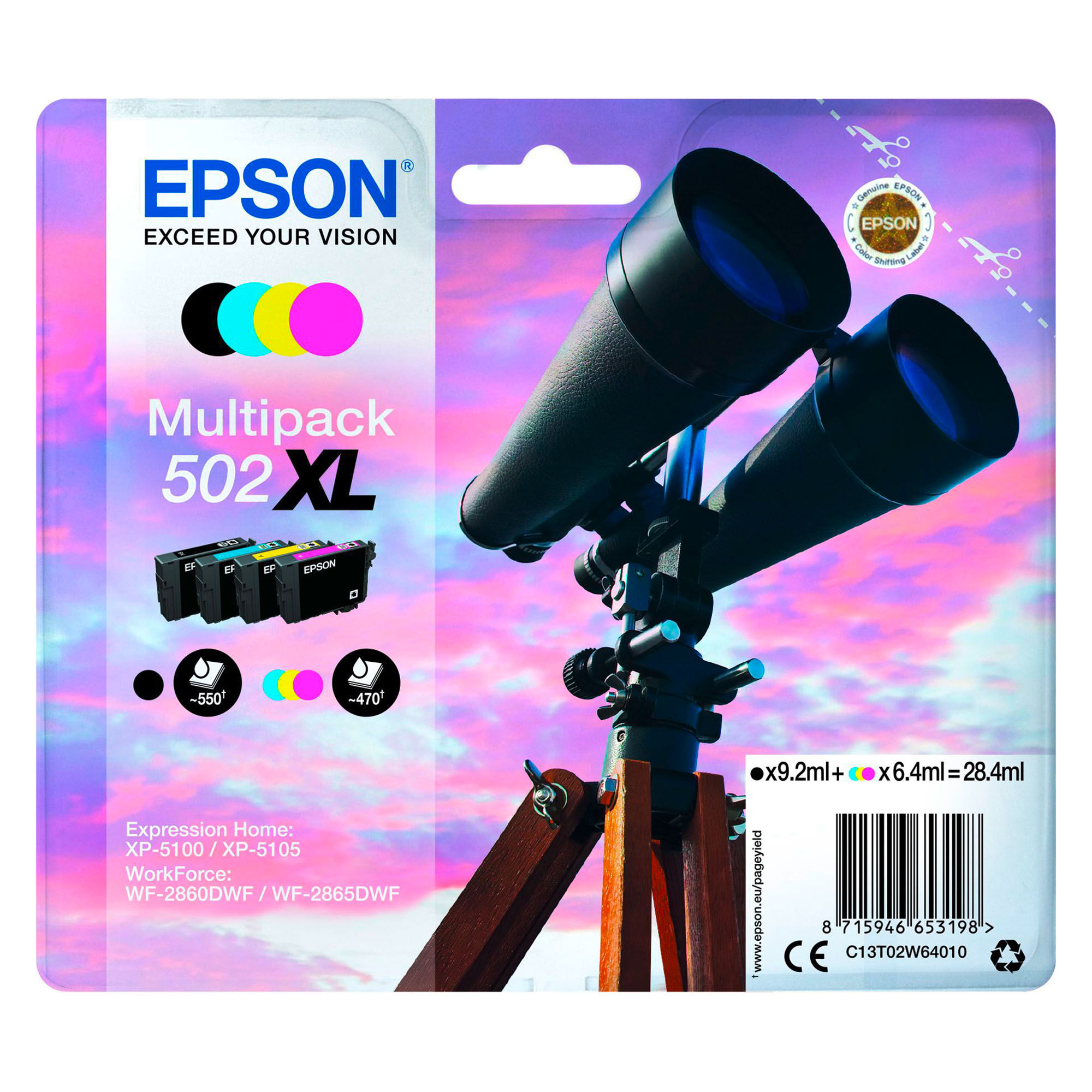 Epson 502XL Pack de 4 cartouches haute capacité 1 noir et 3 couleurs pour imprimante jet d'encre