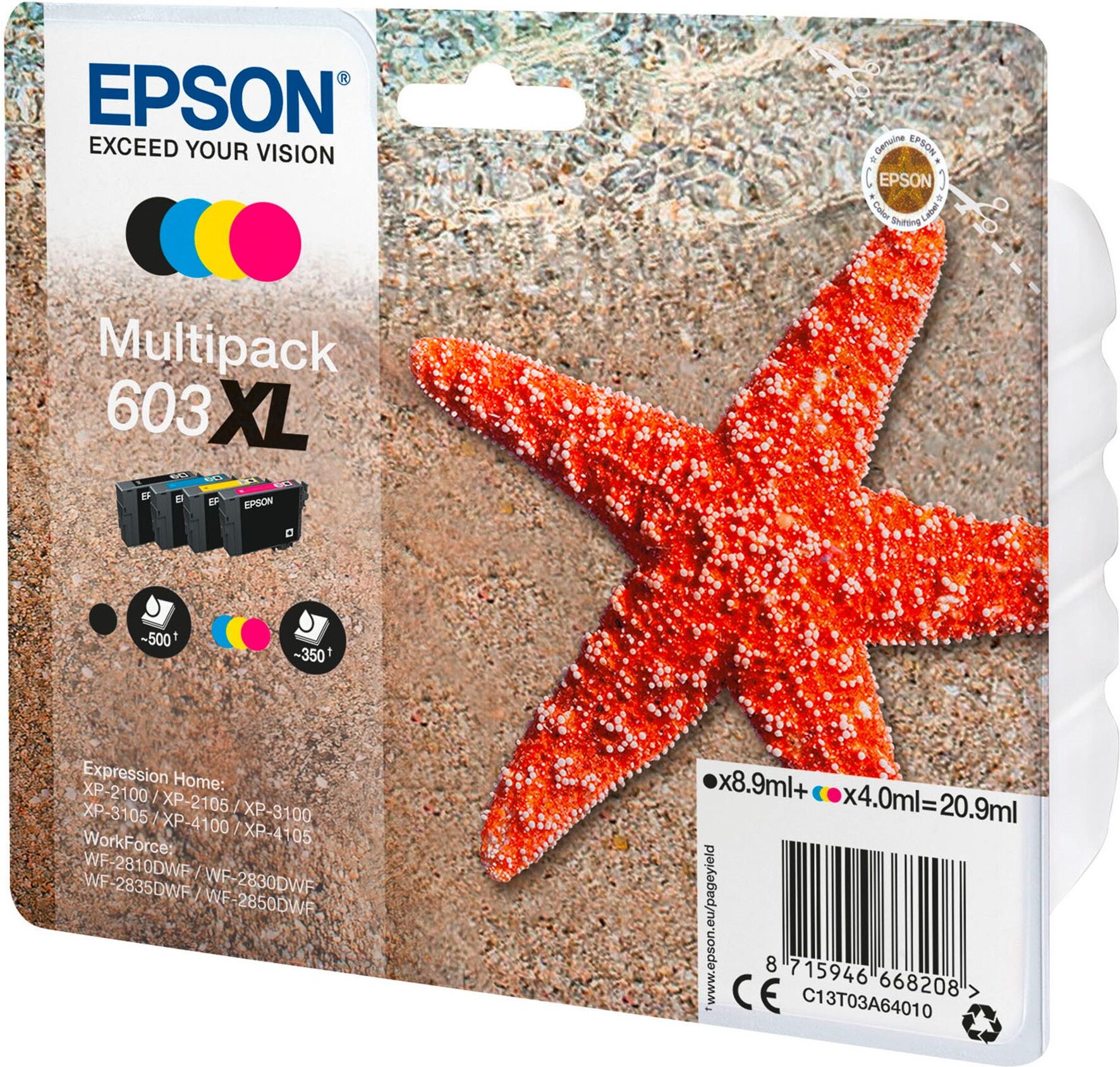 Epson 603XL Pack de 4 cartouches haute capacité 1 noir et 3 couleurs pour imprimante jet d'encre