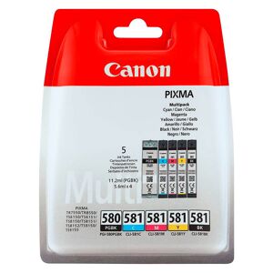 Canon PGI580-PGI581-CLI581 Pack 5 cartouches : 1 noire + 1 noire pigmentée + cartouches couleurs pour imprimante jet d'encre Blanc - Publicité
