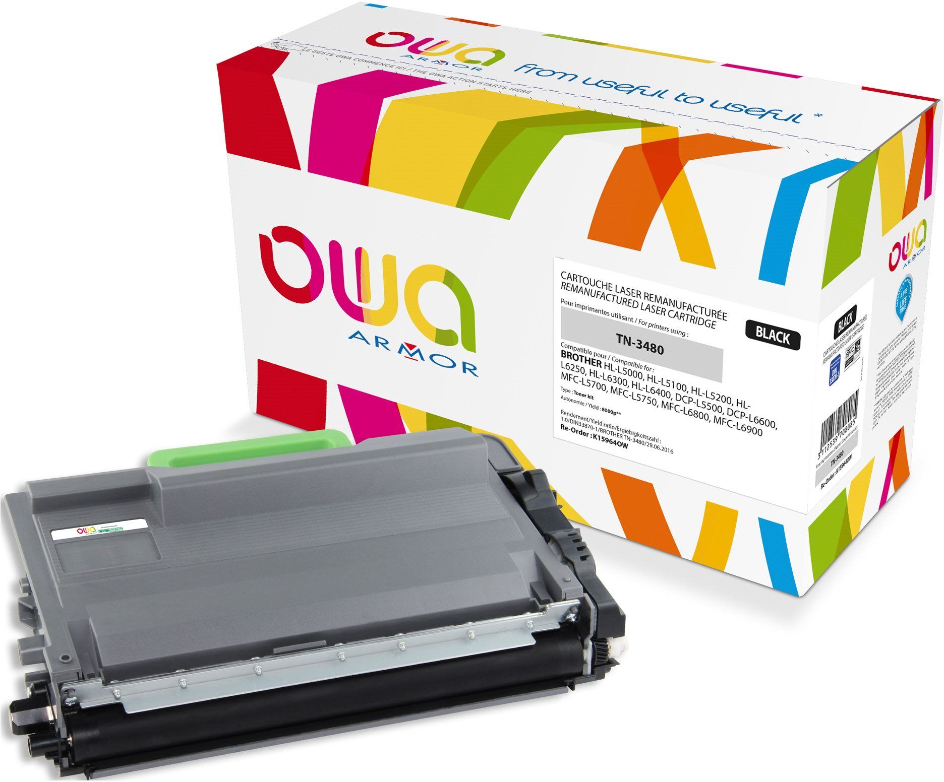 Toner Owa compatible Brother TN3480 haute capacité noir pour imprimante laser