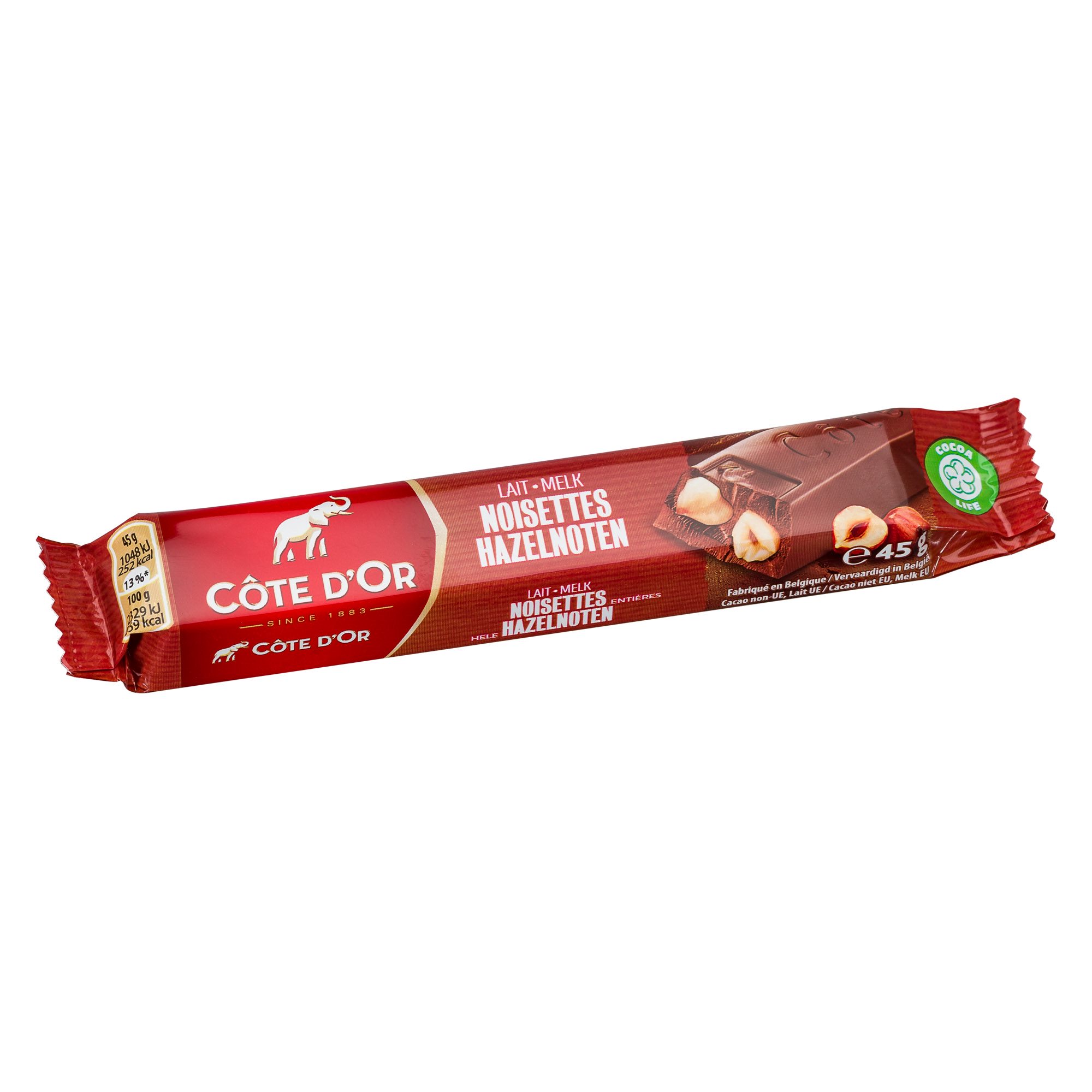 Barre chocolatée Côte d'Or lait et noisettes - 45 g - Lot de 32