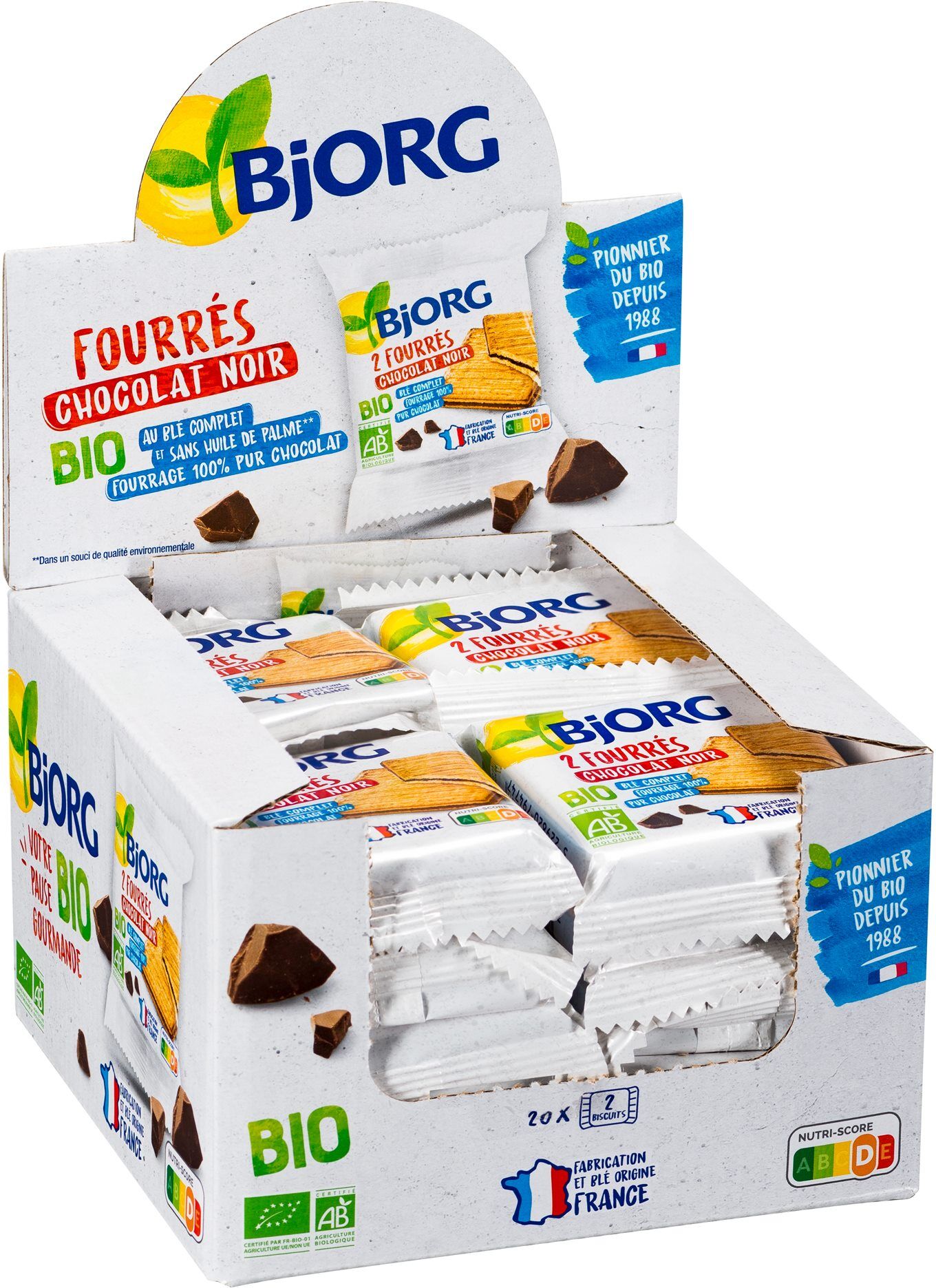 2 biscuits fourrés au chocolat noir Bjorg - 50 g - Lot de 20