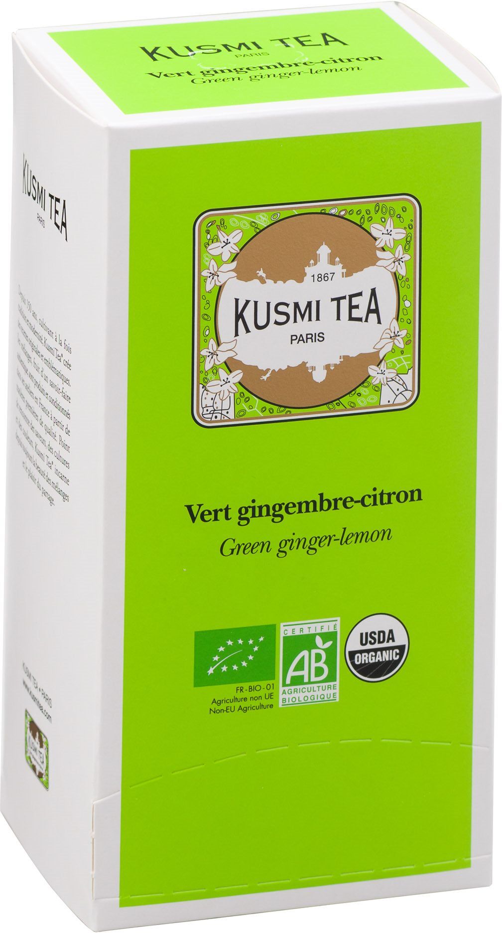 Thé vert gingembre citron Bio Kusmi Tea - Boîte de 25 sachets Magenta